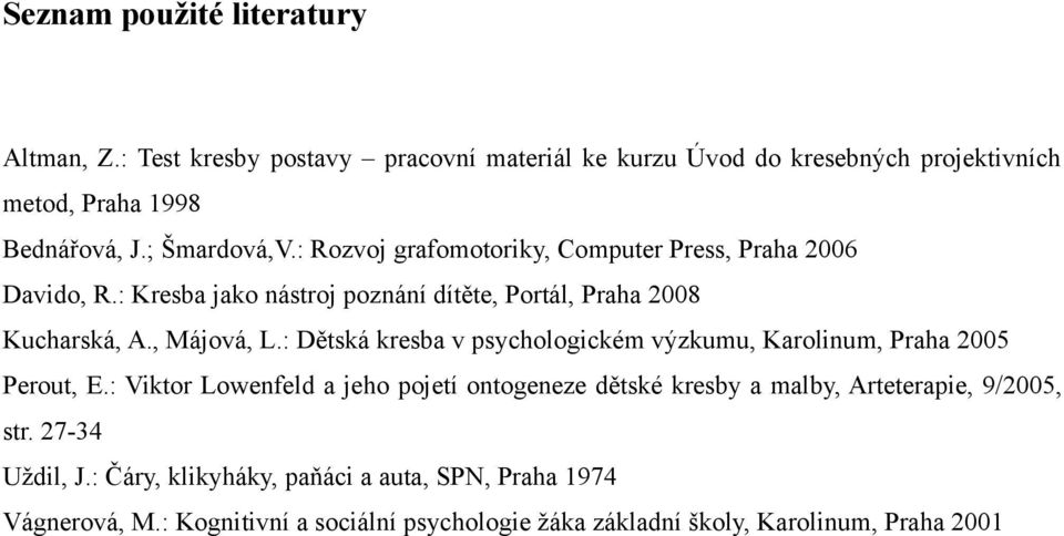 : Dětská kresba v psychologickém výzkumu, Karolinum, Praha 2005 Perout, E.