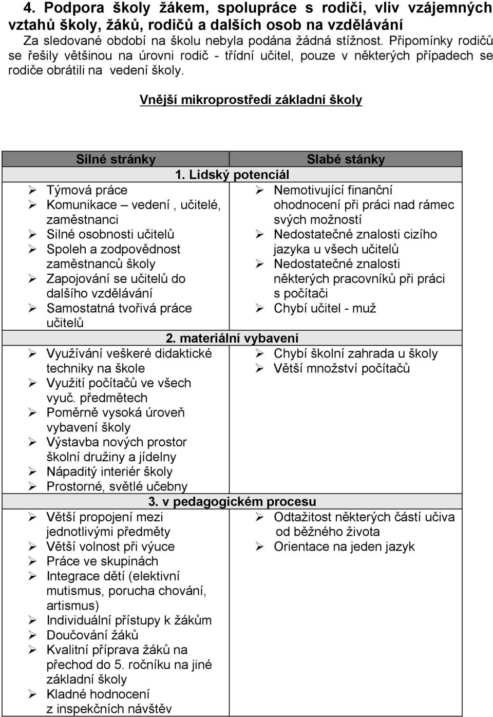 Vnější mikroprostředí základní školy Silné stránky Týmová práce Komunikace vedení, učitelé, zaměstnanci Silné osobnosti učitelů Spoleh a zodpovědnost zaměstnanců školy Zapojování se učitelů do