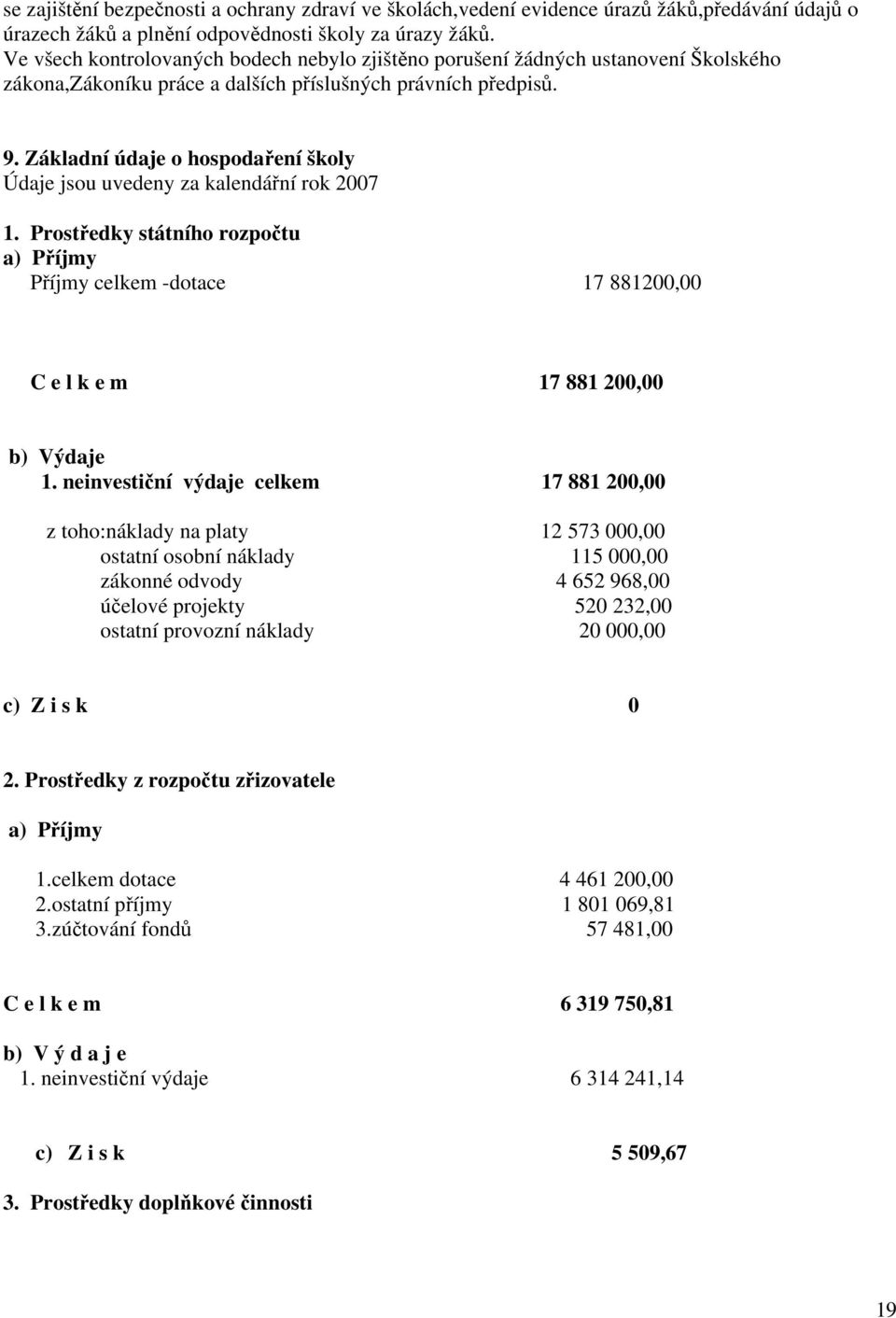 Základní údaje o hospodaření školy Údaje jsou uvedeny za kalendářní rok 2007. Prostředky státního rozpočtu a) Příjmy Příjmy celkem -dotace 7 88200,00 C e l k e m 7 88 200,00 b) Výdaje.