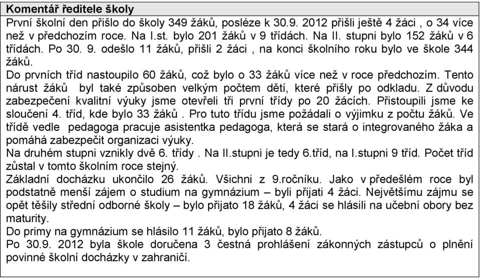 Do prvních tříd nastoupilo 60 žáků, což bylo o 33 žáků více než v roce předchozím. Tento nárust žáků byl také způsoben velkým počtem dětí, které přišly po odkladu.