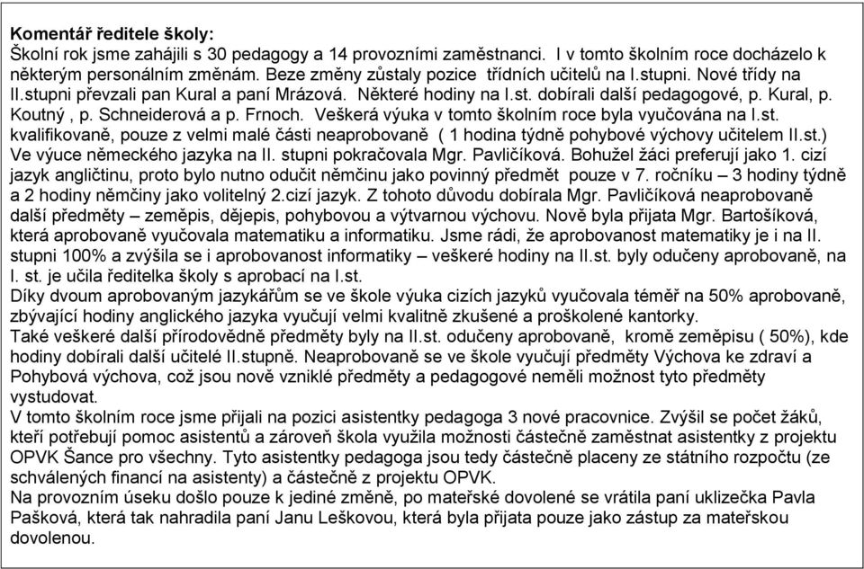 Schneiderová a p. Frnoch. Veškerá výuka v tomto školním roce byla vyučována na I.st. kvalifikovaně, pouze z velmi malé části neaprobovaně ( 1 hodina týdně pohybové výchovy učitelem II.st.) Ve výuce německého jazyka na II.