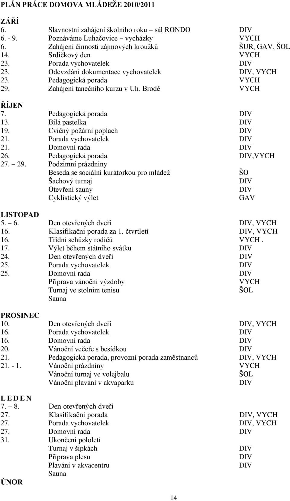 Bílá pastelka 19. Cvičný poţární poplach 21. Porada vychovatelek 21. Domovní rada 26. Pedagogická porada,vych 27. 29.