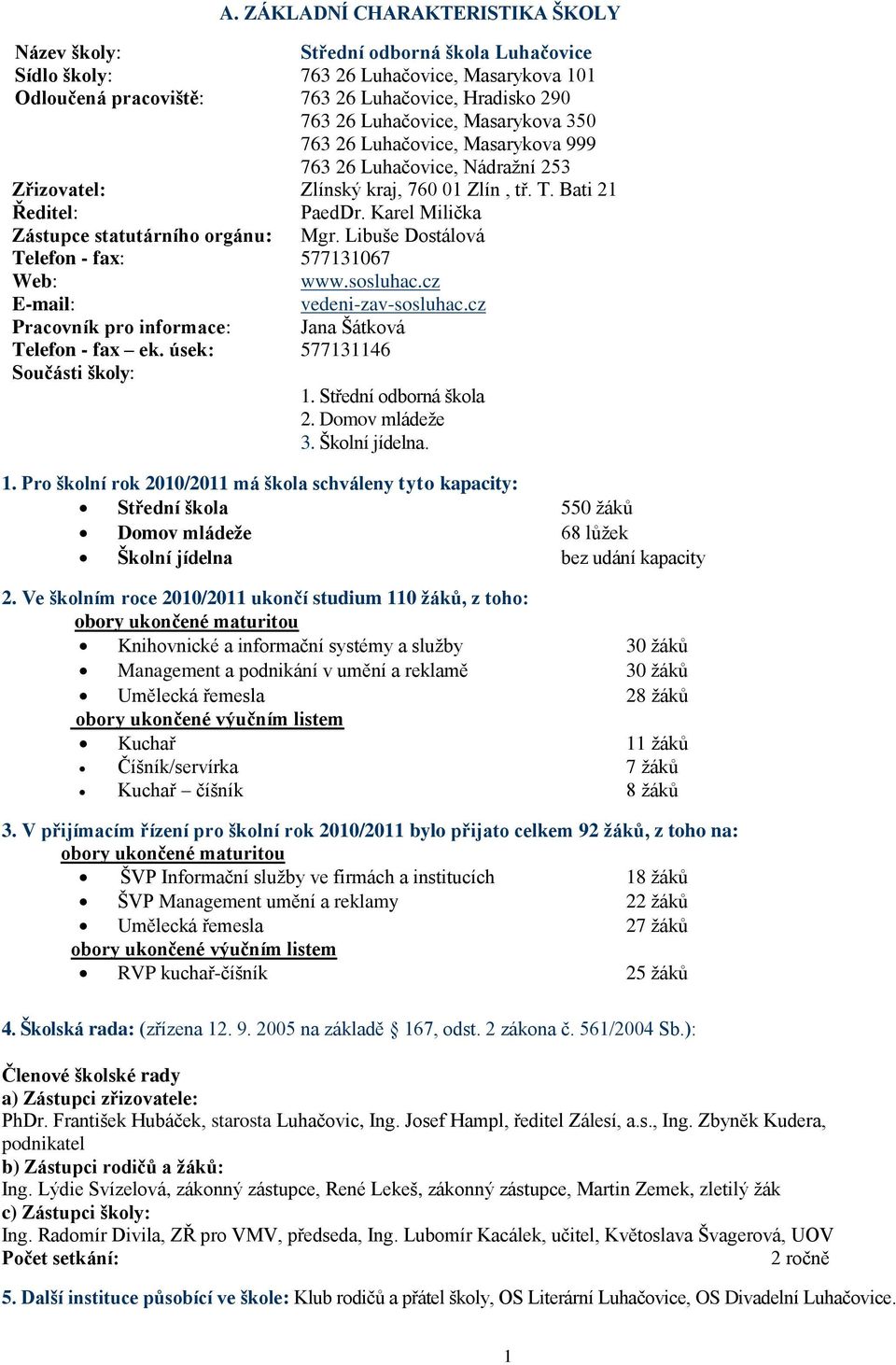 Libuše Dostálová Telefon - fax: 577131067 Web: www.sosluhac.cz E-mail: vedeni-zav-sosluhac.cz Pracovník pro informace: Jana Šátková Telefon - fax ek. úsek: 577131146 Součásti školy: 1.