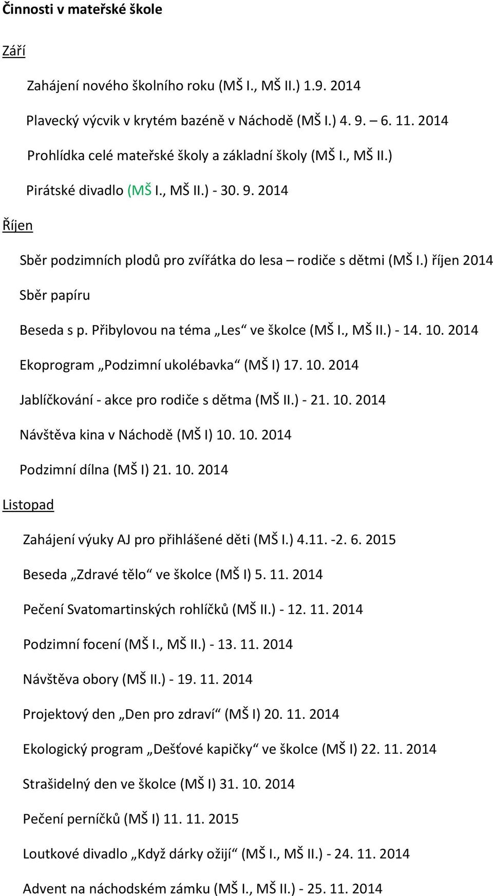 ) říjen 2014 Sběr papíru Beseda s p. Přibylovou na téma Les ve školce (MŠ I., MŠ II.) - 14. 10. 2014 Ekoprogram Podzimní ukolébavka (MŠ I) 17. 10. 2014 Jablíčkování - akce pro rodiče s dětma (MŠ II.