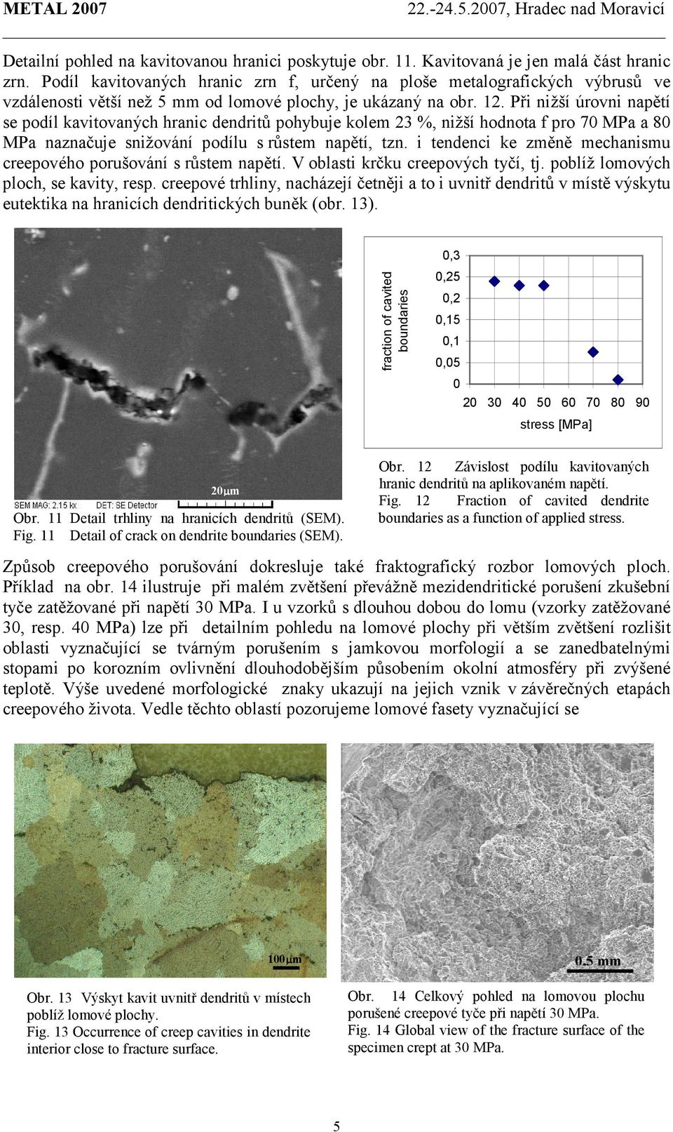 Při nižší úrovni napětí se podíl kavitovaných hranic dendritů pohybuje kolem 23 %, nižší hodnota f pro 70 MPa a 80 MPa naznačuje snižování podílu s růstem napětí, tzn.