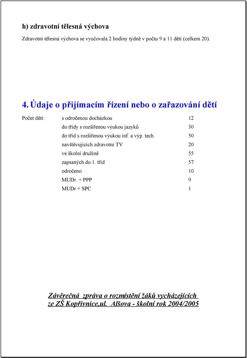do tříd s rozšířenou výukou inf. a výp. tech. 50 navštěvujících zdravotní TV 20 ve školní družině 55 zapsaných do 1.
