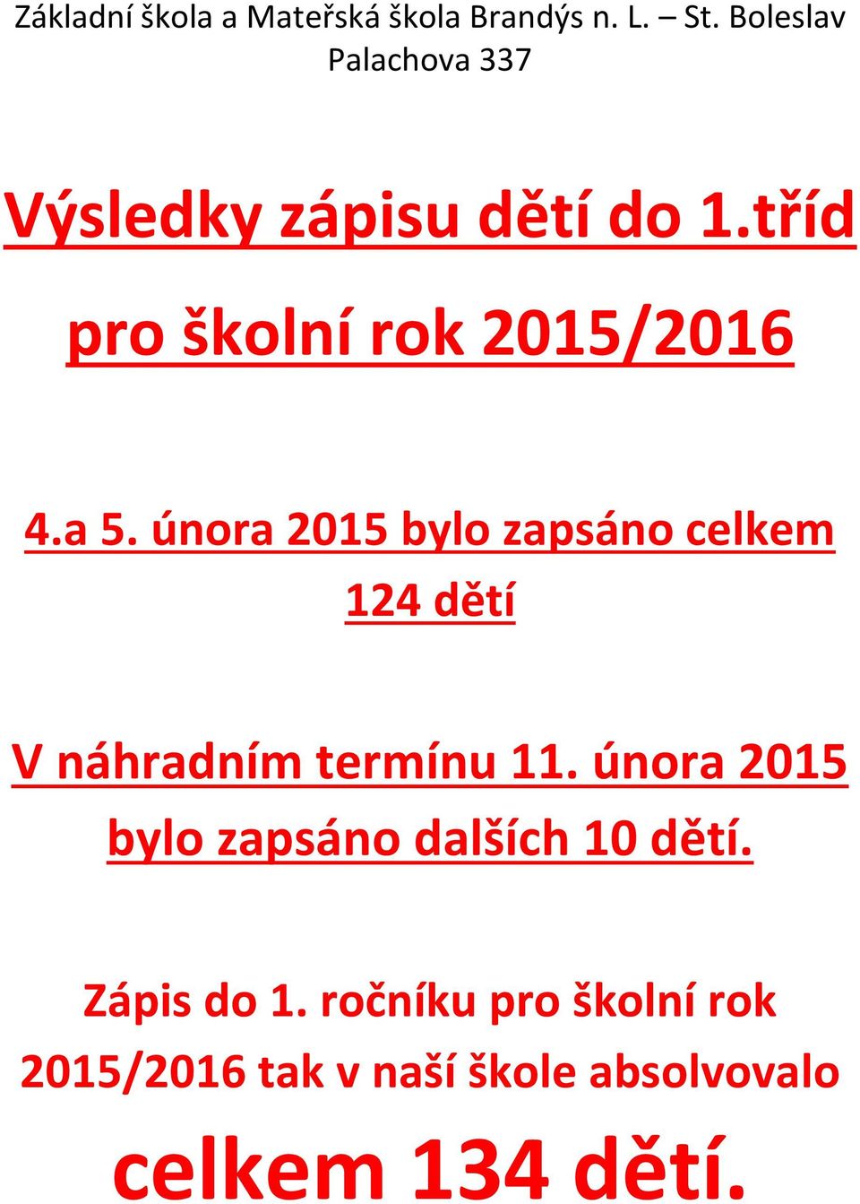 února 2015 bylo zapsáno dalších 10 dětí. Zápis do 1.