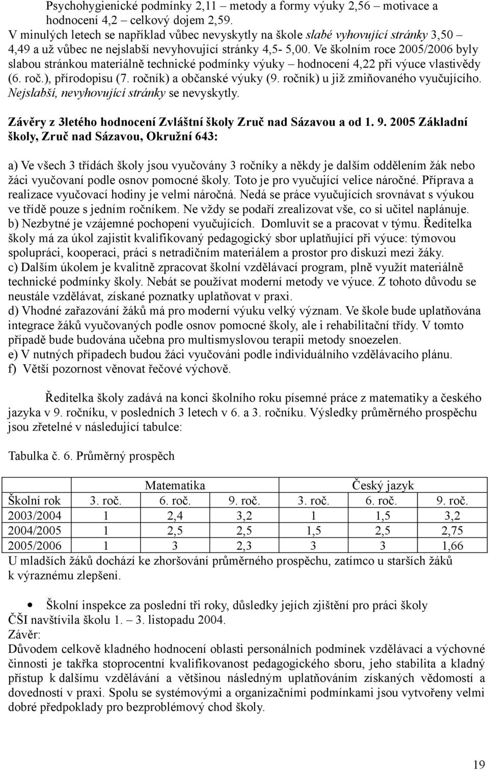 Ve školním roce 2005/2006 byly slabou stránkou materiálně technické podmínky výuky hodnocení 4,22 při výuce vlastivědy (6. roč.), přírodopisu (7. ročník) a občanské výuky (9.