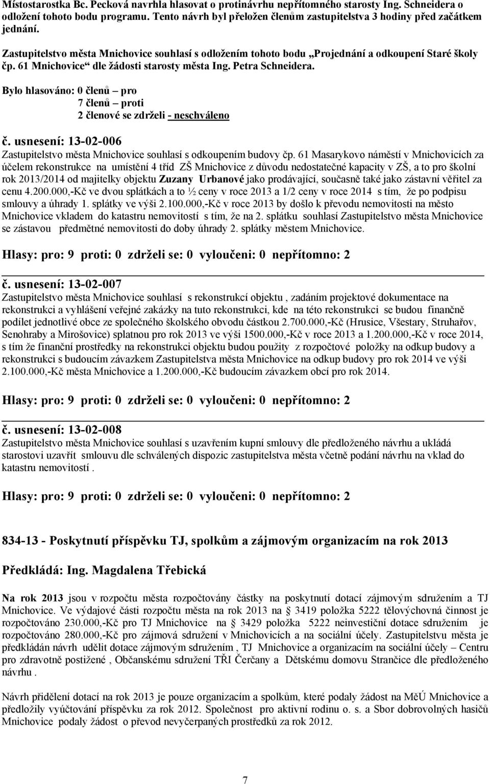 61 Mnichovice dle žádosti starosty města Ing. Petra Schneidera. Bylo hlasováno: 0 členů pro 7 členů proti 2 členové se zdrželi - neschváleno č.