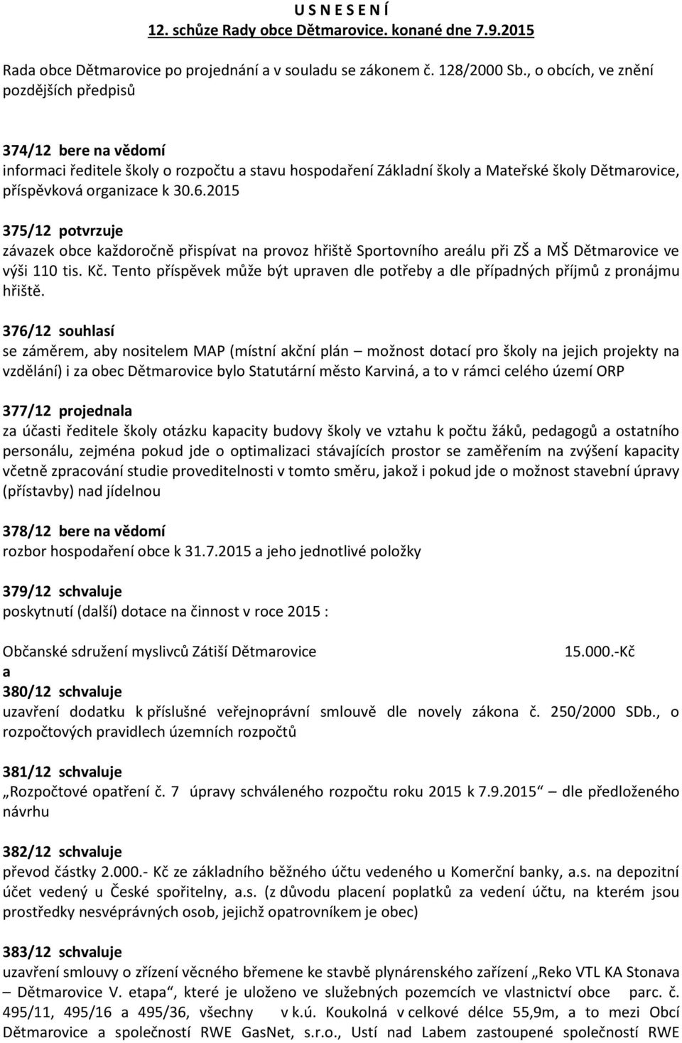 2015 375/12 potvrzuje závzek obce kždoročně přispívt n provoz hřiště Sportovního reálu při ZŠ MŠ Dětmrovice ve výši 110 tis. Kč.