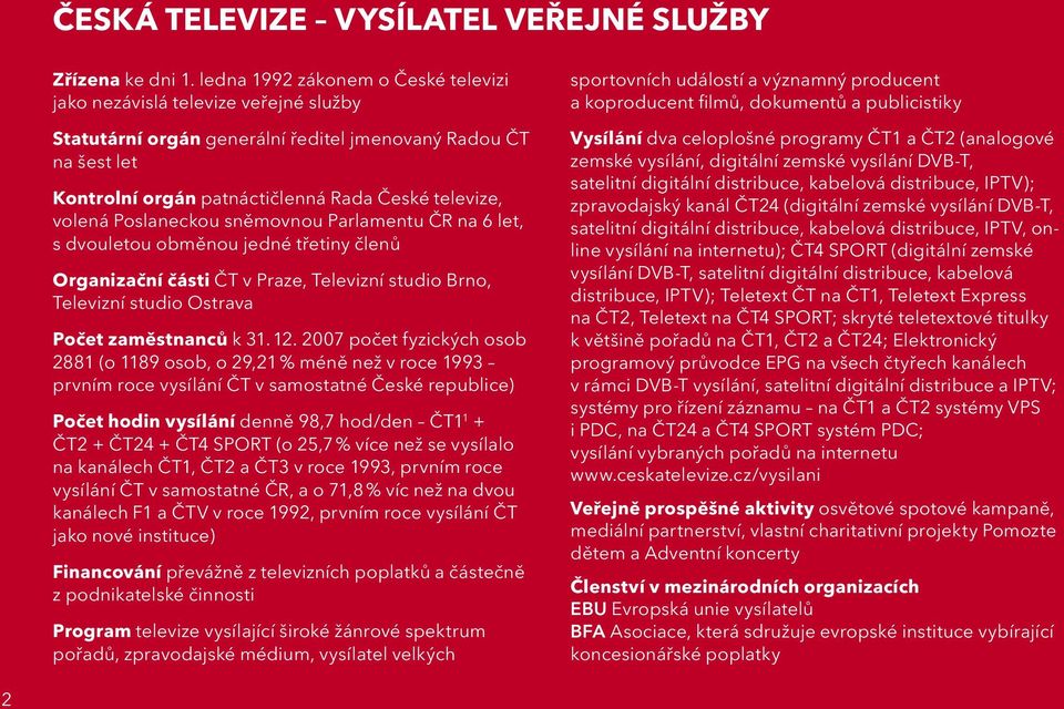 Poslaneckou sněmovnou Parlamentu ČR na 6 let, s dvouletou obměnou jedné třetiny členů Organizační části ČT v Praze, Televizní studio Brno, Televizní studio Ostrava Počet zaměstnanců k 31. 12.