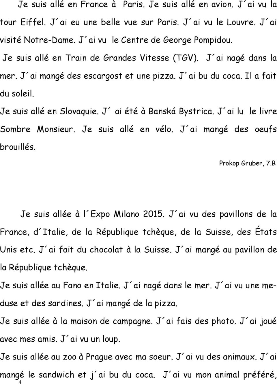 J ai été à Banská Bystrica. J ai lu le livre Sombre Monsieur. Je suis allé en vélo. J ai mangé des oeufs brouillés. Prokop Gruber, 7.B Je suis allée à l Expo Milano 2015.