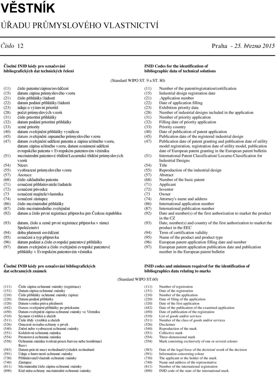 80) (11) číslo patentu/zápisu/osvědčení (11) Number of the patent/registration/certification (15) datum zápisu průmyslového vzoru (15) Industrial design registration date (21) číslo přihlášky/žádosti