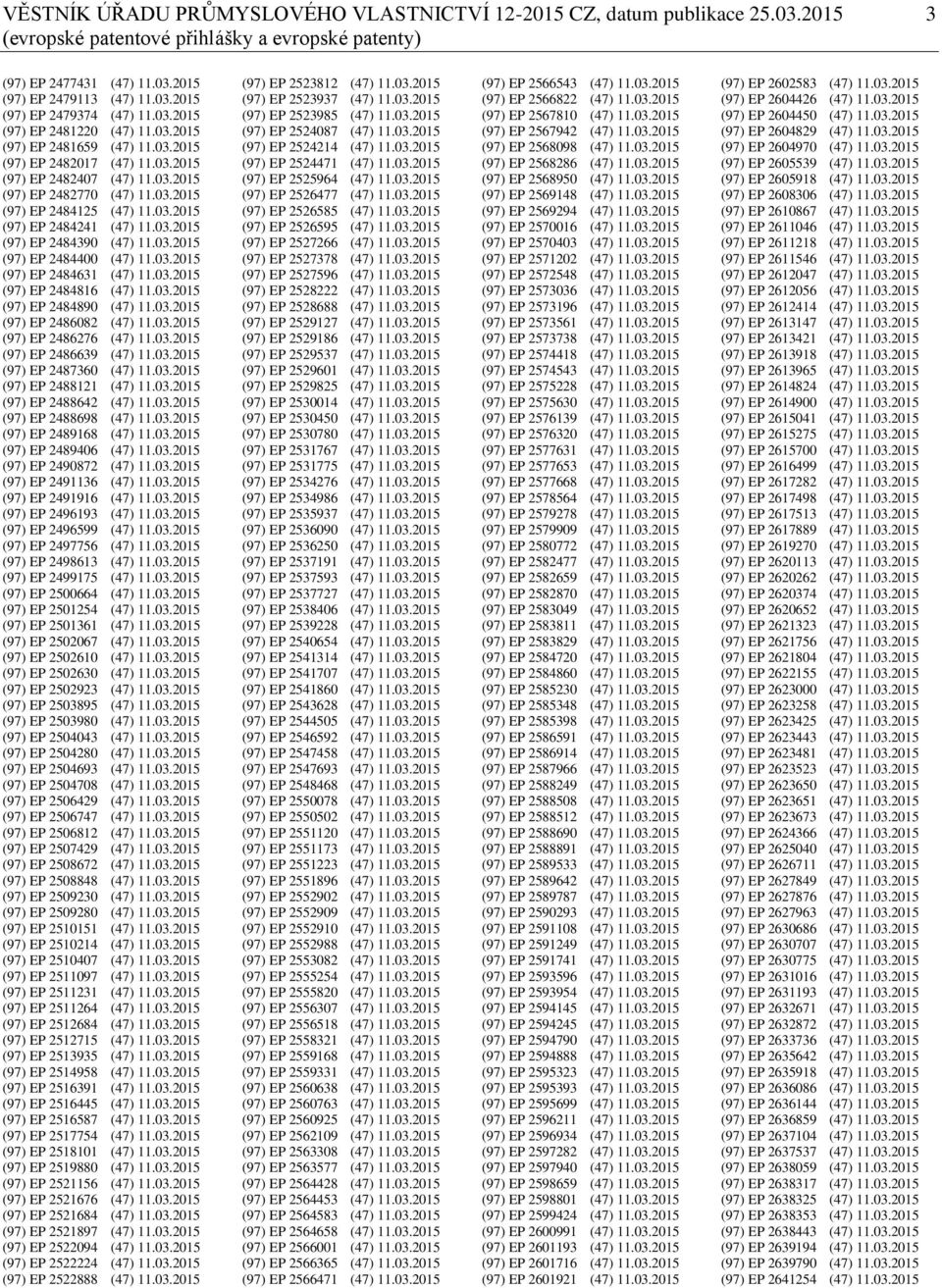 03.2015 (97) EP 2484390 (47) 11.03.2015 (97) EP 2484400 (47) 11.03.2015 (97) EP 2484631 (47) 11.03.2015 (97) EP 2484816 (47) 11.03.2015 (97) EP 2484890 (47) 11.03.2015 (97) EP 2486082 (47) 11.03.2015 (97) EP 2486276 (47) 11.