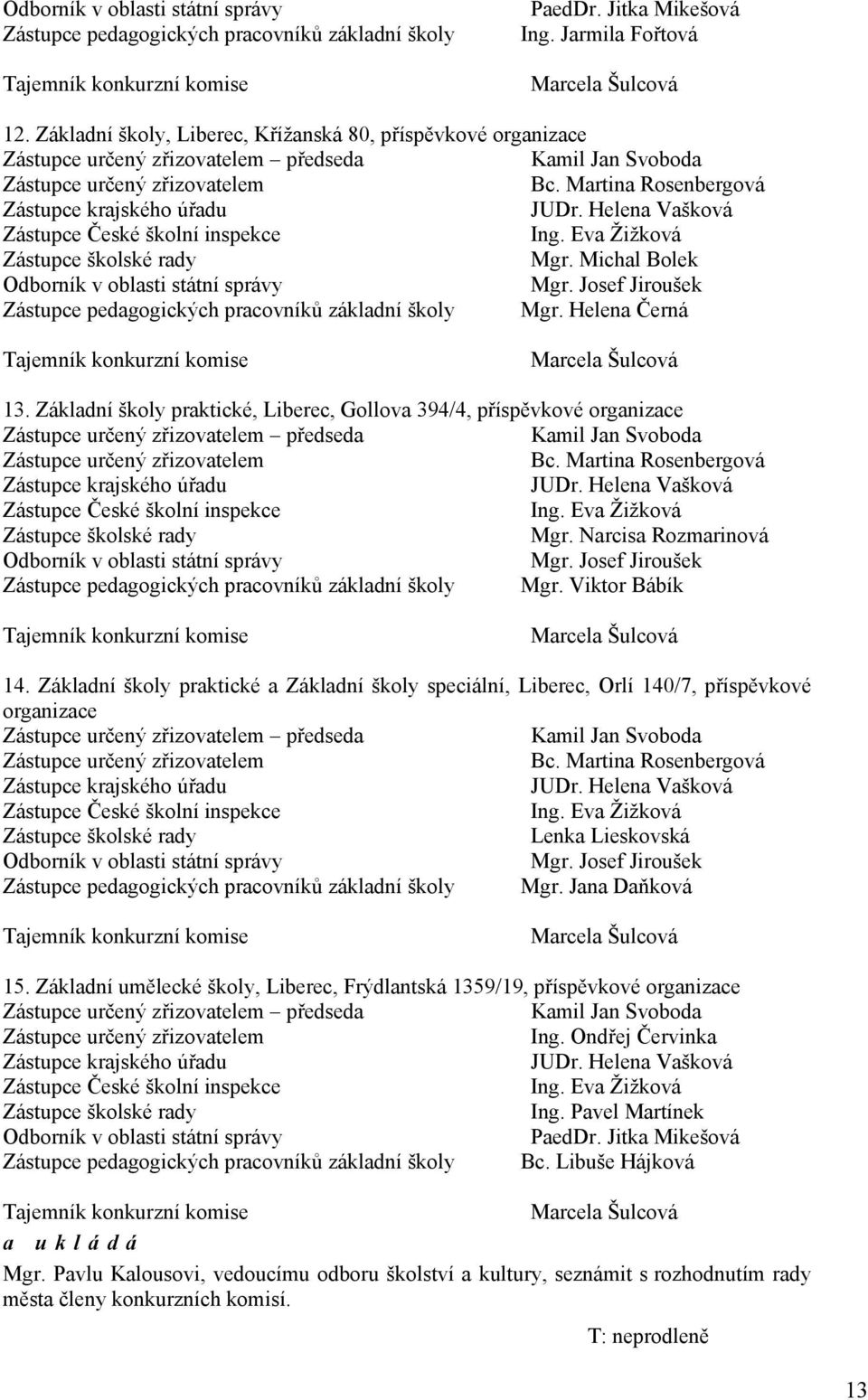 Josef Jiroušek Zástupce pedagogických pracovníků základní školy Mgr. Helena Černá 13. Základní školy praktické, Liberec, Gollova 394/4, příspěvkové organizace předseda Bc.