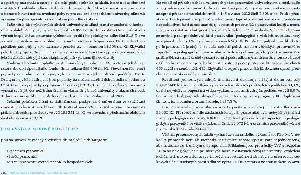 Stále větší část výnosových aktivit univerzity zaujímá transfer znalostí, v hodnoceném období činily příjmy z této oblasti 74 852 tis. Kč.