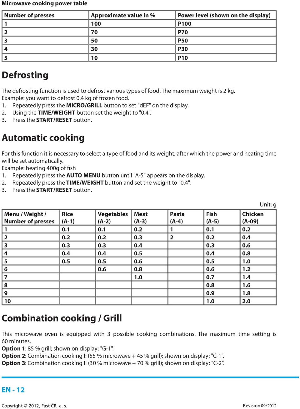 4". 3. Press the START/RESET button. Automatic cooking For this function it is necessary to select a type of food and its weight, after which the power and heating time will be set automatically.