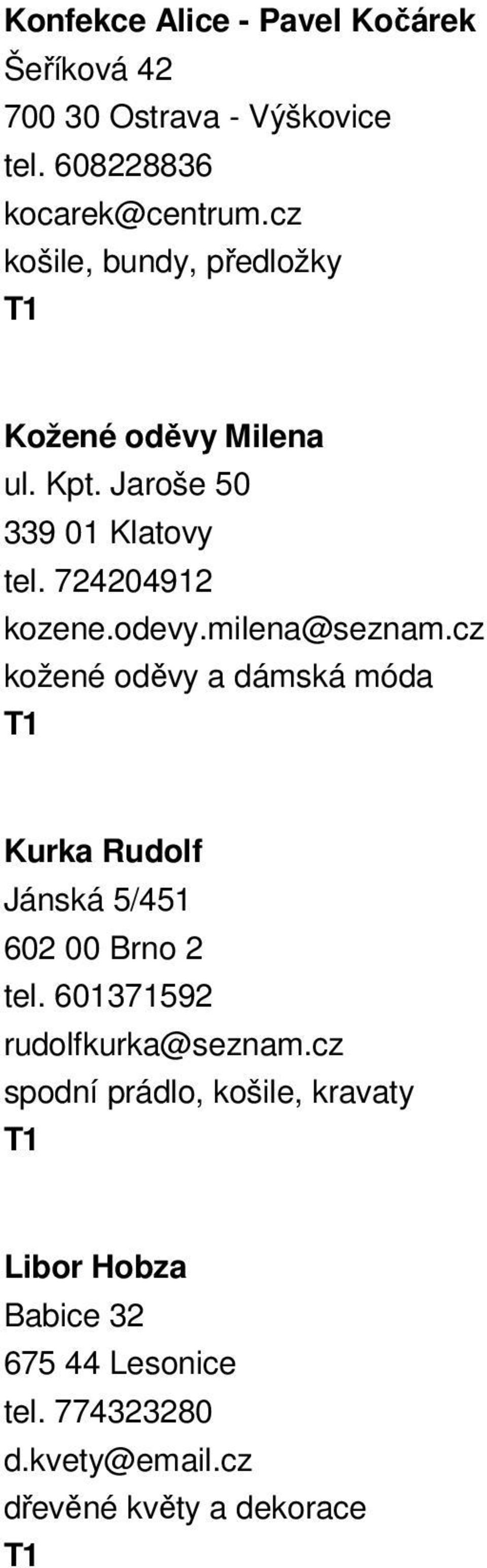 milena@seznam.cz kožené oděvy a dámská móda Kurka Rudolf Jánská 5/451 602 00 Brno 2 tel.