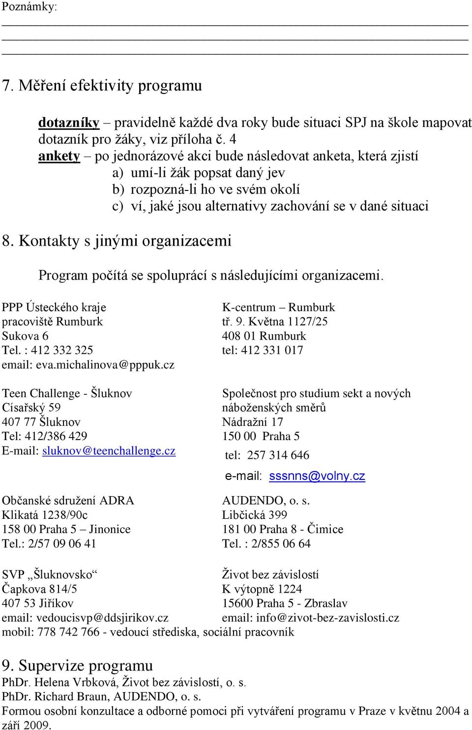 Kontakty s jinými organizacemi Program počítá se spoluprácí s následujícími organizacemi. PPP Ústeckého kraje K-centrum Rumburk pracoviště Rumburk tř. 9. Května 1127/25 Sukova 6 408 01 Rumburk Tel.