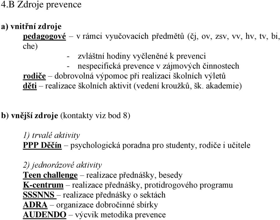 akademie) b) vnější zdroje (kontakty viz bod 8) 1) trvalé aktivity PPP Děčín psychologická poradna pro studenty, rodiče i učitele 2) jednorázové aktivity Teen