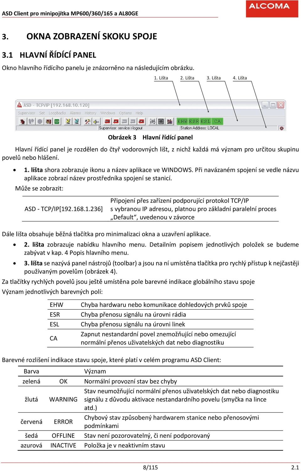 lišta shora zobrazuje ikonu a název aplikace ve WINDOWS. Při navázaném spojení se vedle názvu aplikace zobrazí název prostředníka spojení se stanicí. Může se zobrazit: ASD - TCP/IP[19