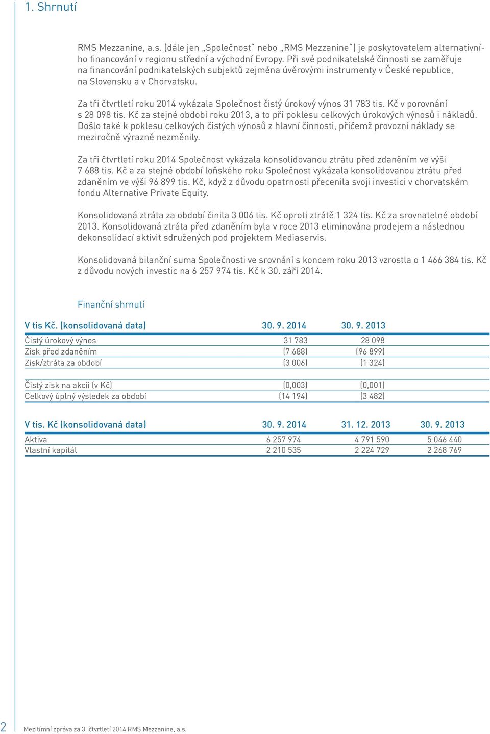 Za tři čtvrtletí roku 2014 vykázala Společnost čistý úrokový výnos 31 783 tis. Kč v porovnání s 28 098 tis. Kč za stejné období roku 2013, a to při poklesu celkových úrokových výnosů i nákladů.