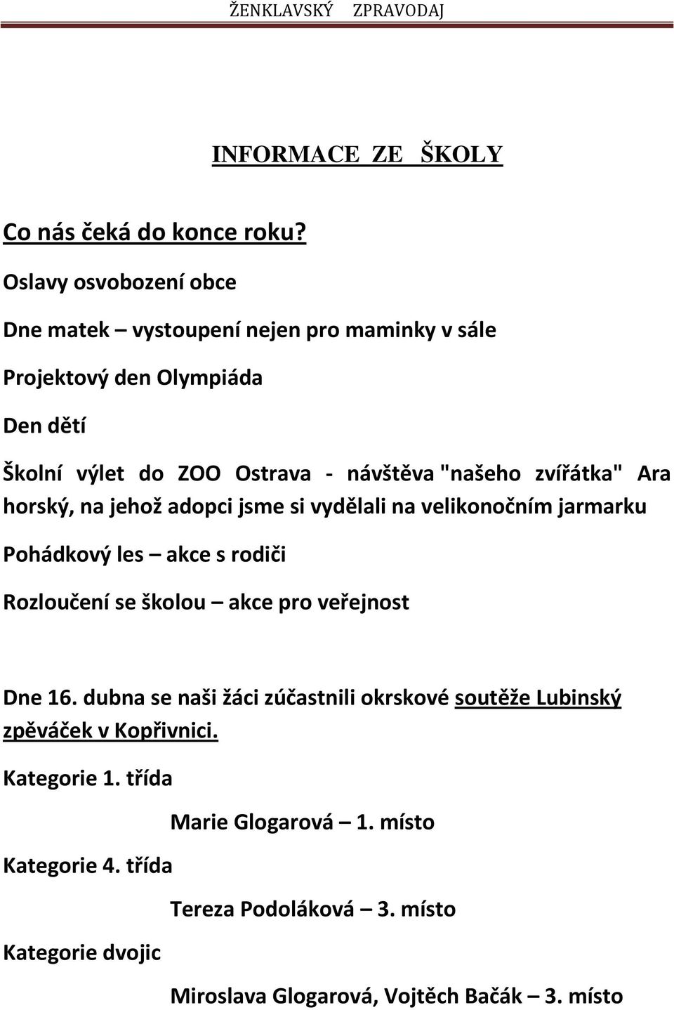 "našeho zvířátka" Ara horský, na jehož adopci jsme si vydělali na velikonočním jarmarku Pohádkový les akce s rodiči Rozloučení se školou akce pro