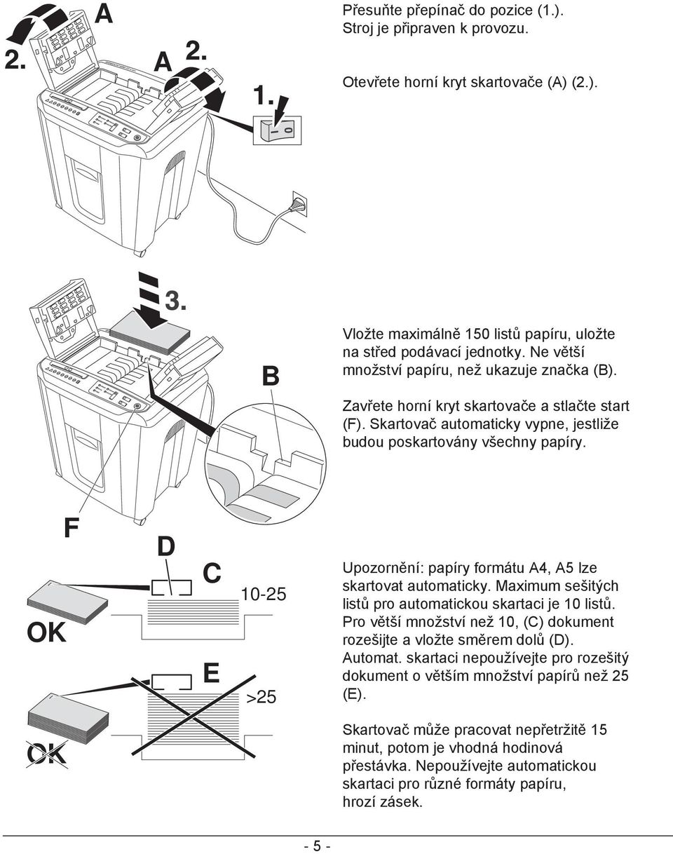 OK D C E 10-25 >25 Upozornění: papíry formátu A4, A5 lze skartovat automaticky. Maximum sešitých listů pro automatickou skartaci je 10 listů.