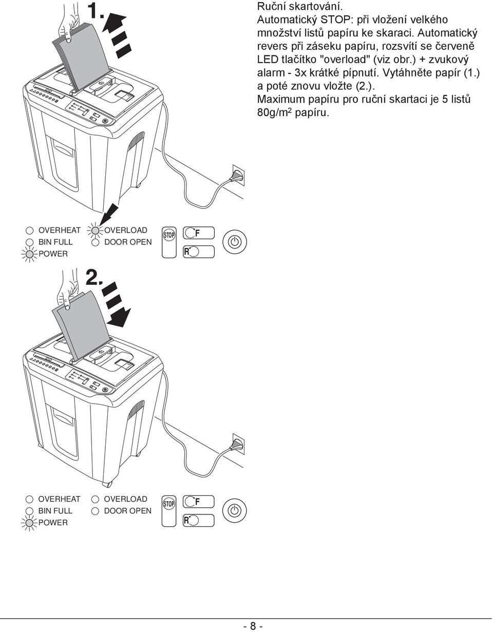 ) + zvukový alarm - 3x krátké pípnutí. Vytáhněte papír (1.) a poté znovu vložte (2.). Maximum papíru pro ruční skartaci je 5 listů 80g/m 2 papíru.