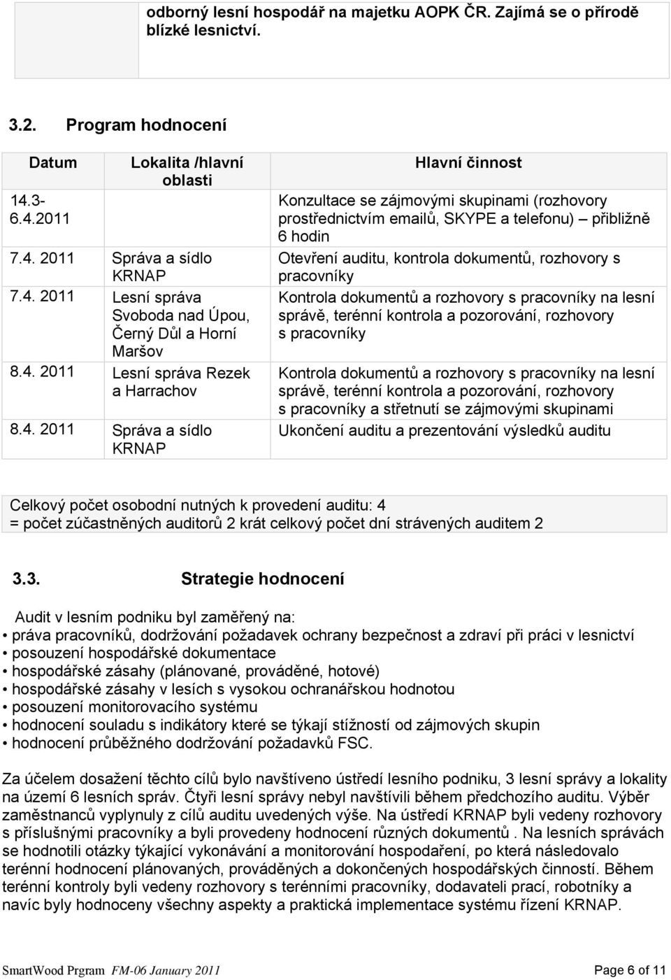 auditu, kontrola dokumentů, rozhovory s pracovníky Kontrola dokumentů a rozhovory s pracovníky na lesní správě, terénní kontrola a pozorování, rozhovory s pracovníky Kontrola dokumentů a rozhovory s