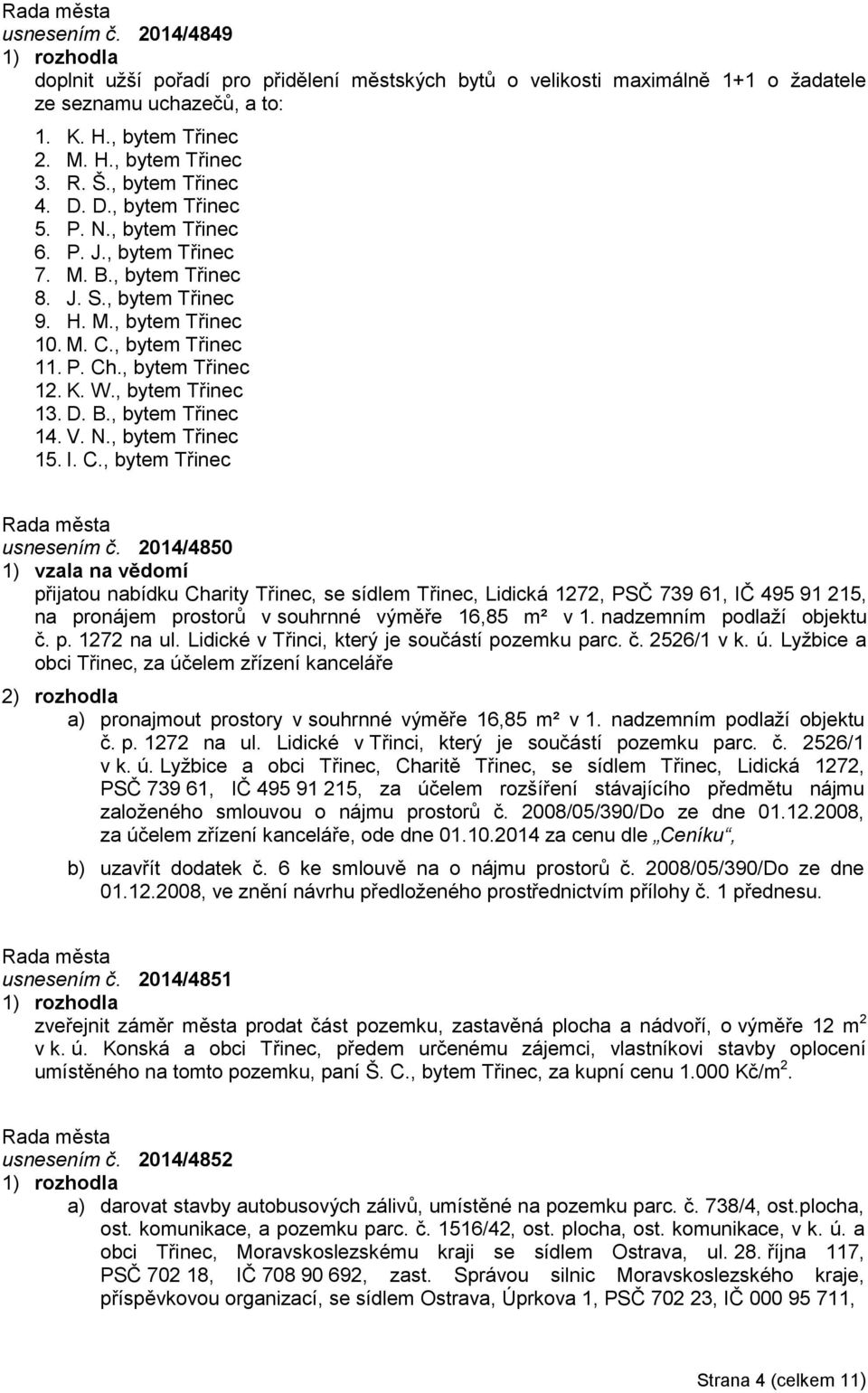 , bytem Třinec 12. K. W., bytem Třinec 13. D. B., bytem Třinec 14. V. N., bytem Třinec 15. I. C., bytem Třinec usnesením č.