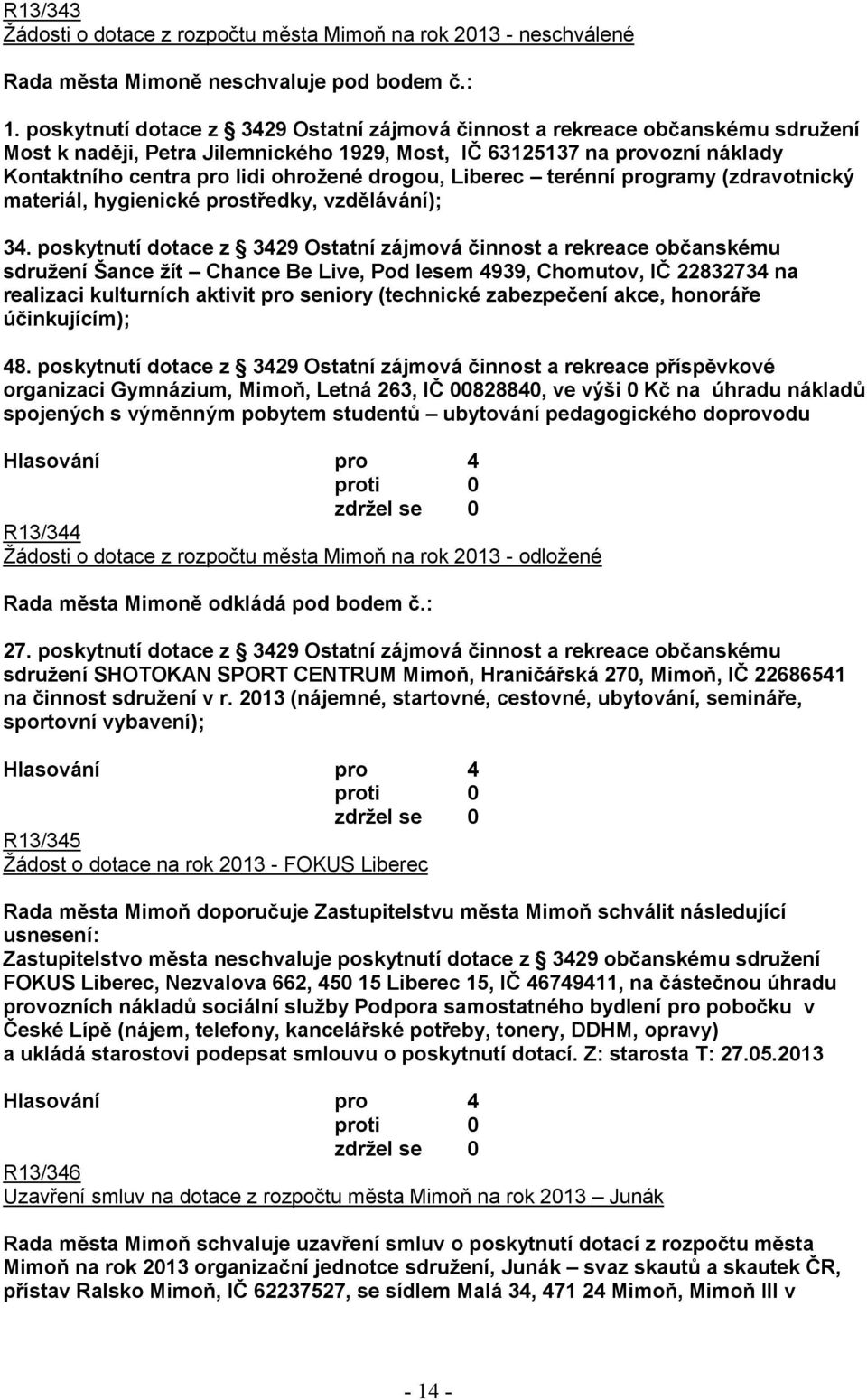 drogou, Liberec terénní programy (zdravotnický materiál, hygienické prostředky, vzdělávání); 34.