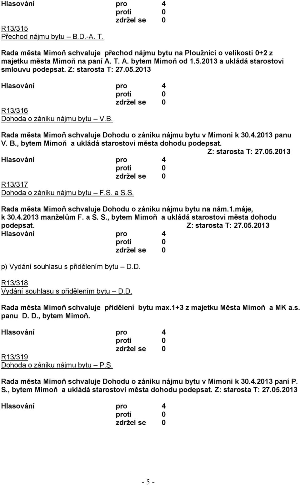 , bytem Mimoň a ukládá starostovi města dohodu podepsat. Z: starosta T: 27.05.2013 R13/317 Dohoda o zániku nájmu bytu F.S. a S.S. Rada města Mimoň schvaluje Dohodu o zániku nájmu bytu na nám.1.máje, k 30.