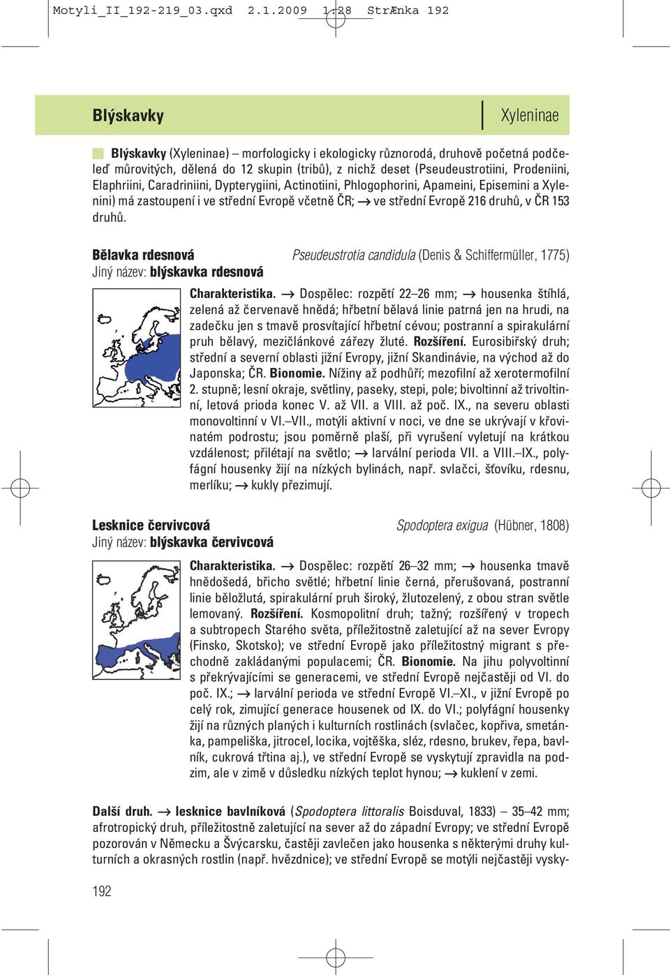 Prodeniini, Elaphriini, Caradriniini, Dypterygiini, Actinotiini, Phlogophorini, Apameini, Episemini a Xylenini) má zastoupení i ve střední Evropě včetně ČR; ve střední Evropě 6 druhů, v ČR 5 druhů.