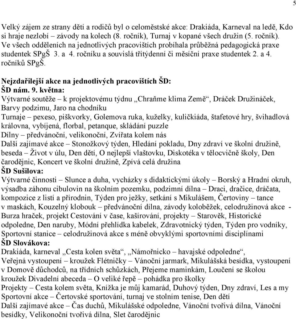 ročníku a souvislá třítýdenní či měsíční praxe studentek 2. a 4. ročníků SPgŠ. Nejzdařilejší akce na jednotlivých pracovištích ŠD: ŠD nám. 9.