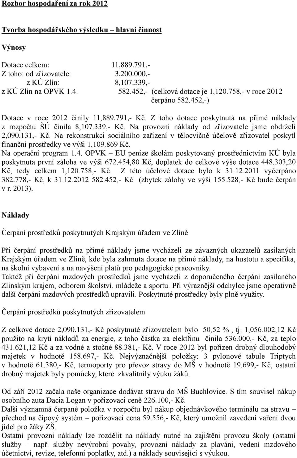 Na provozní náklady od zřizovatele jsme obdrželi 2,090.131,- Kč. Na rekonstrukci sociálního zařízení v tělocvičně účelově zřizovatel poskytl finanční prostředky ve výši 1,109.869 Kč.