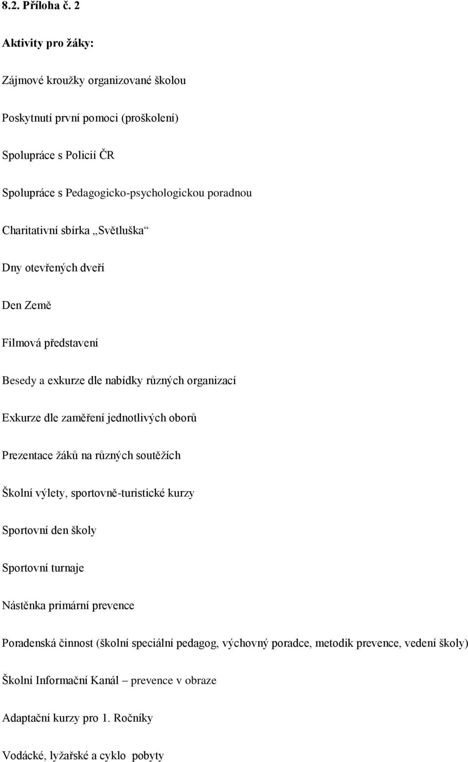 Charitativní sbírka Světluška Dny otevřených dveří Den Země Filmová představení Besedy a exkurze dle nabídky různých organizací Exkurze dle zaměření jednotlivých oborů