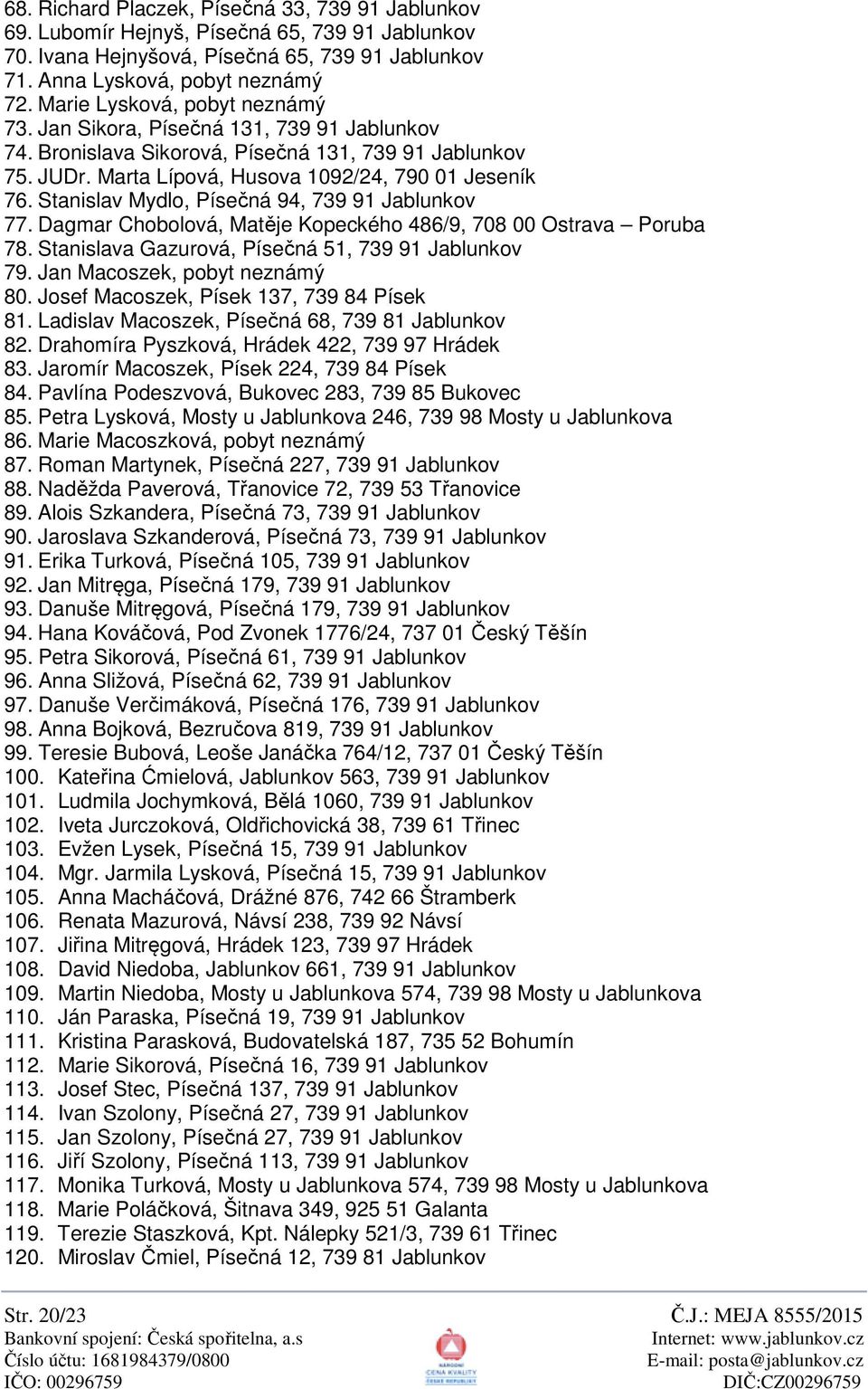 Stanislav Mydlo, Píse ná 94, 739 91 Jablunkov 77. Dagmar Chobolová, Mat je Kopeckého 486/9, 708 00 Ostrava Poruba 78. Stanislava Gazurová, Píse ná 51, 739 91 Jablunkov 79.