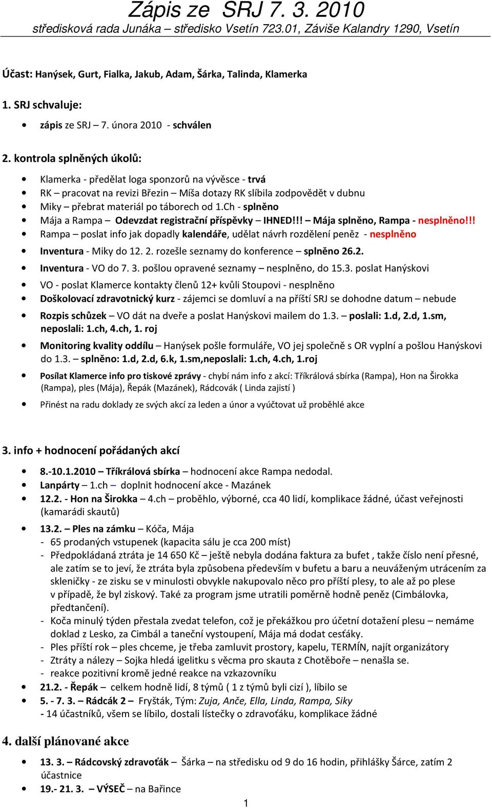 Ch - splněno Mája a Rampa Odevzdat registrační příspěvky IHNED!!! Mája splněno, Rampa - nesplněno!