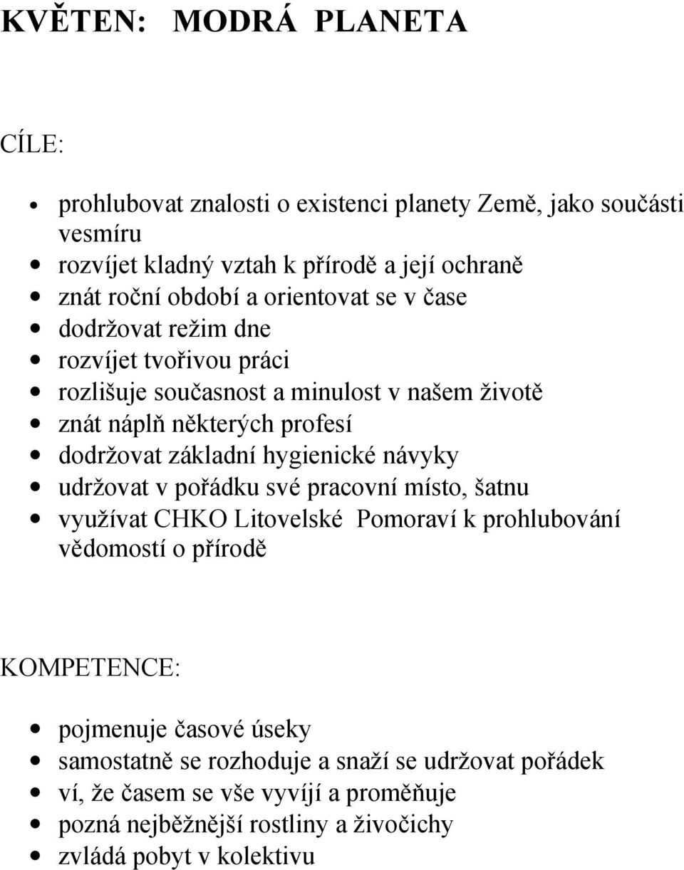 základní hygienické návyky udržovat v pořádku své pracovní místo, šatnu využívat CHKO Litovelské Pomoraví k prohlubování vědomostí o přírodě pojmenuje