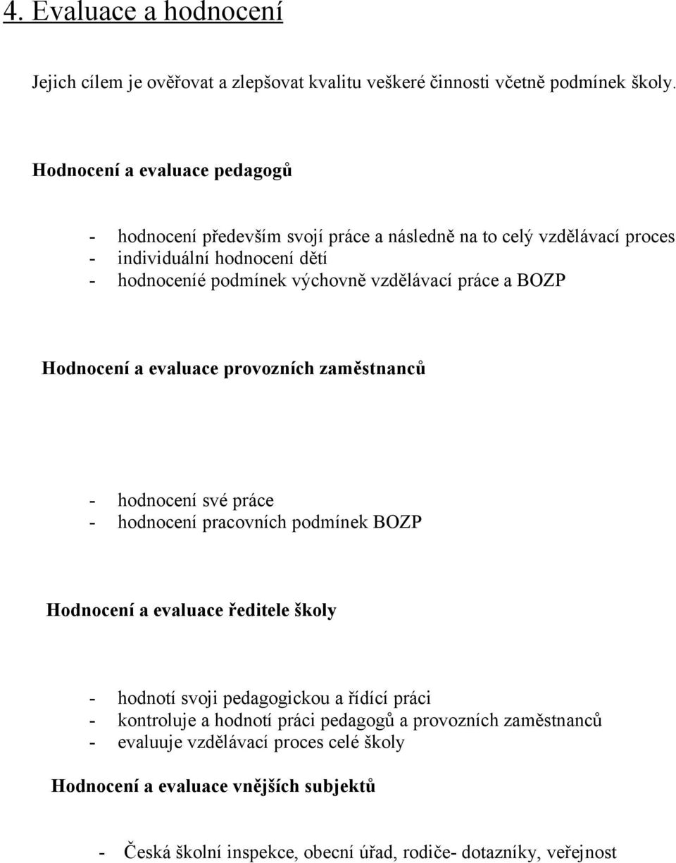 vzdělávací práce a BOZP Hodnocení a evaluace provozních zaměstnanců - hodnocení své práce - hodnocení pracovních podmínek BOZP Hodnocení a evaluace ředitele školy - hodnotí