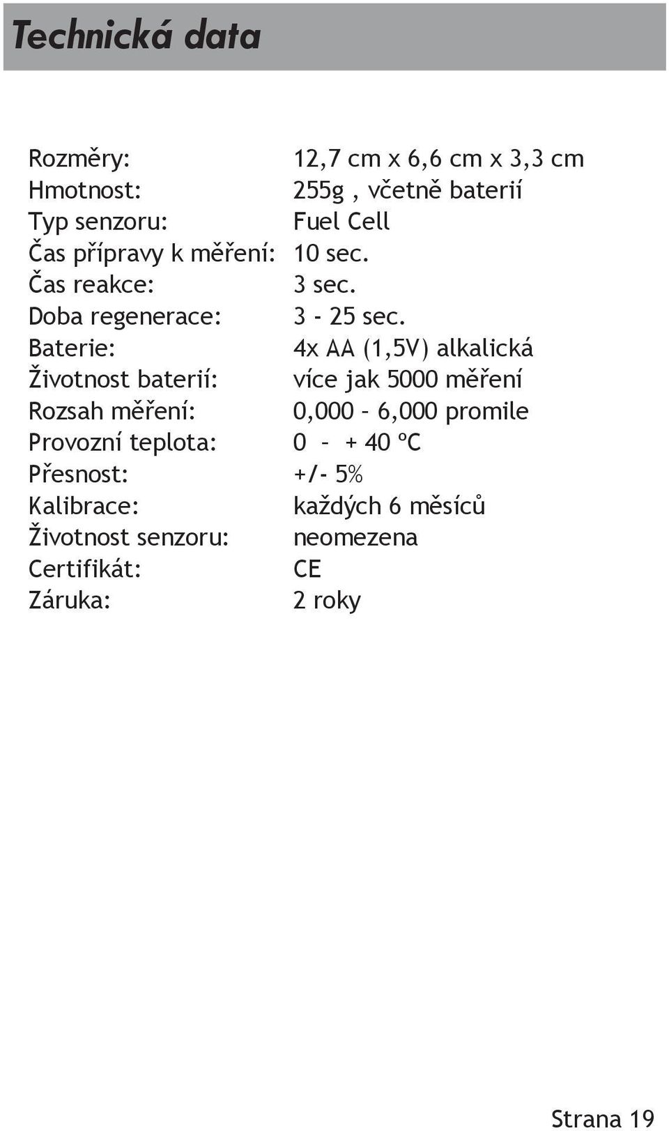 Baterie: 4x AA (1,5V) alkalická Životnost baterií: více jak 5000 měření Rozsah měření: 0,000 6,000 promile