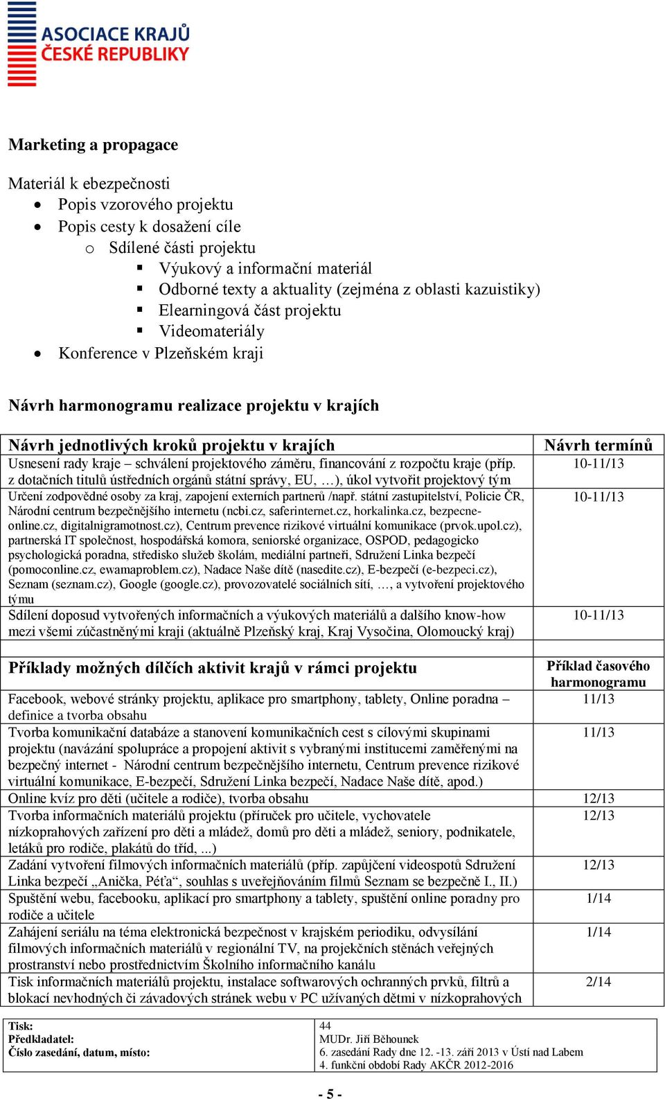 schválení projektového záměru, financování z rozpočtu kraje (příp.