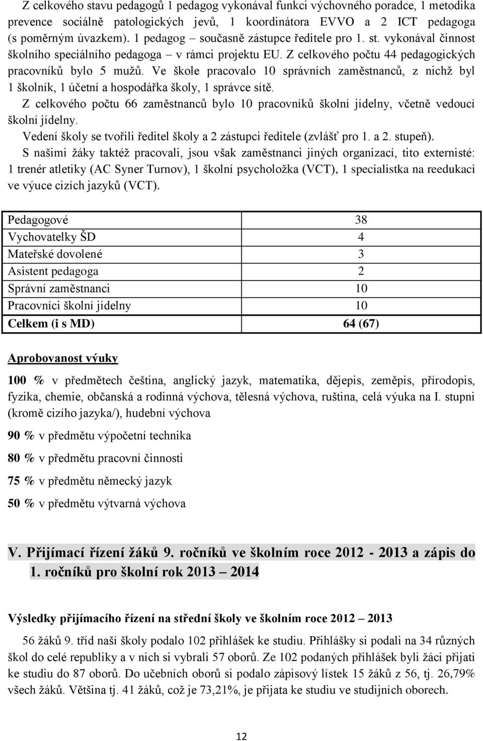 Ve škole pracovalo 10 správních zaměstnanců, z nichž byl 1 školník, 1 účetní a hospodářka školy, 1 správce sítě.