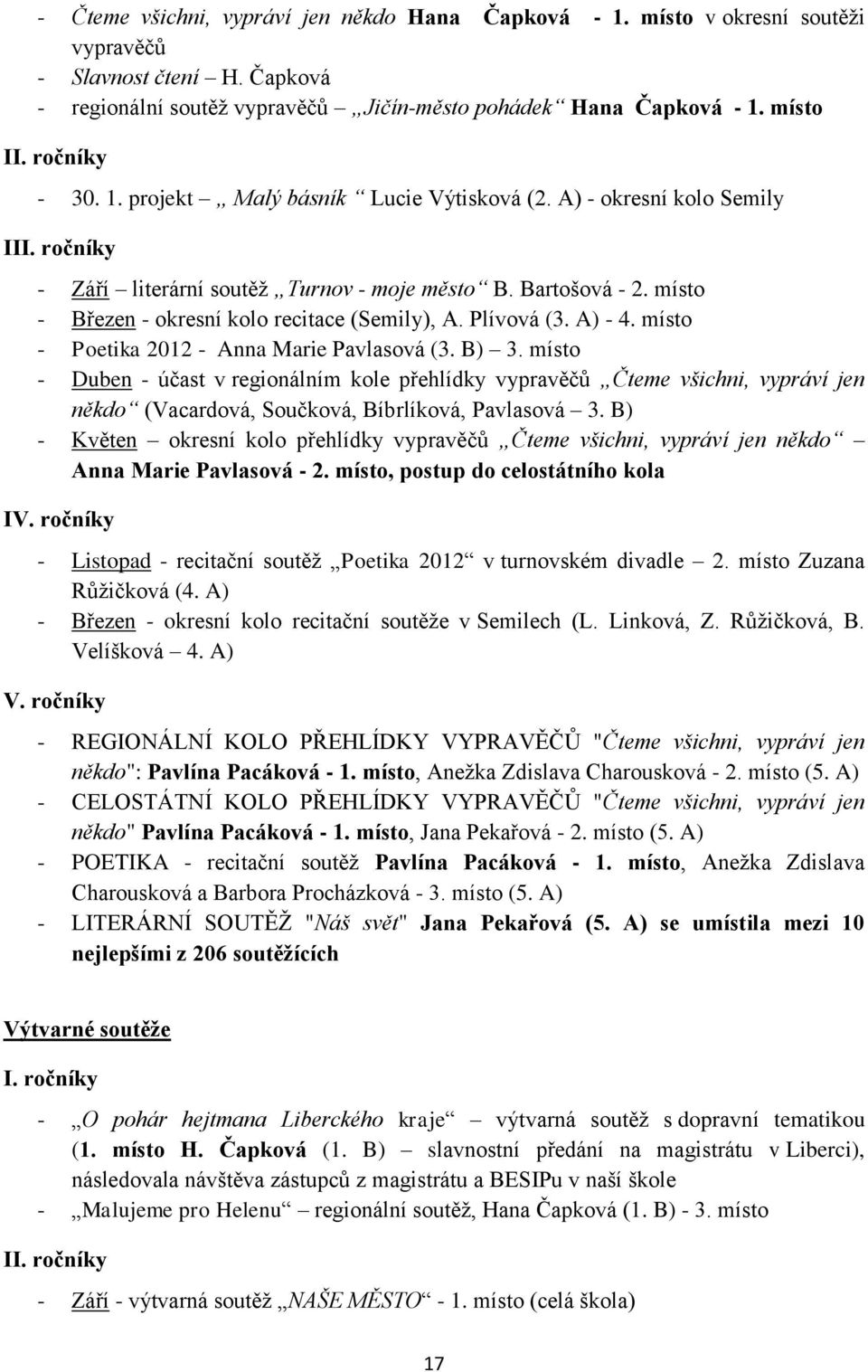 místo - Březen - okresní kolo recitace (Semily), A. Plívová (3. A) - 4. místo - Poetika 2012 - Anna Marie Pavlasová (3. B) 3.