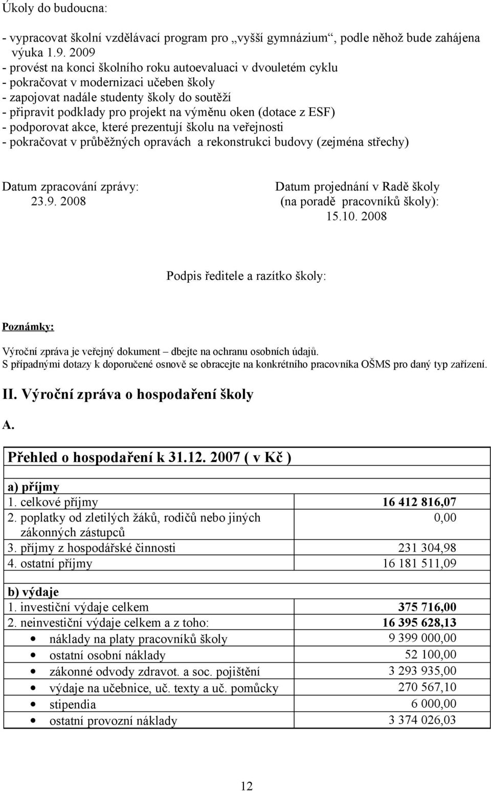 oken (dotace z ESF) - podporovat akce, které prezentují školu na veřejnosti - pokračovat v průběžných opravách a rekonstrukci budovy (zejména střechy) Datum zpracování zprávy: Datum projednání v Radě