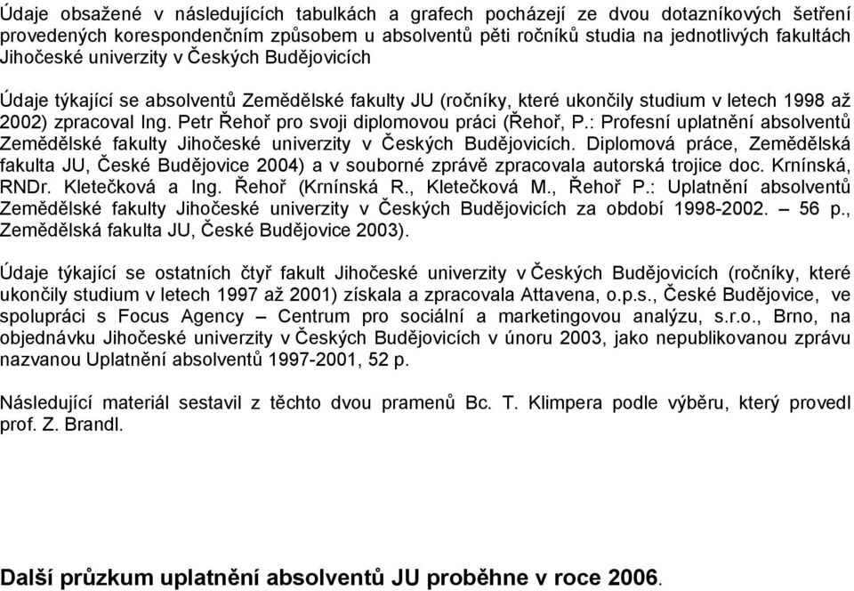 Petr Řehoř pro svoji diplomovou práci (Řehoř, P.: Profesní uplatnění absolventů Zemědělské fakulty Jihočeské univerzity v Českých Budějovicích.