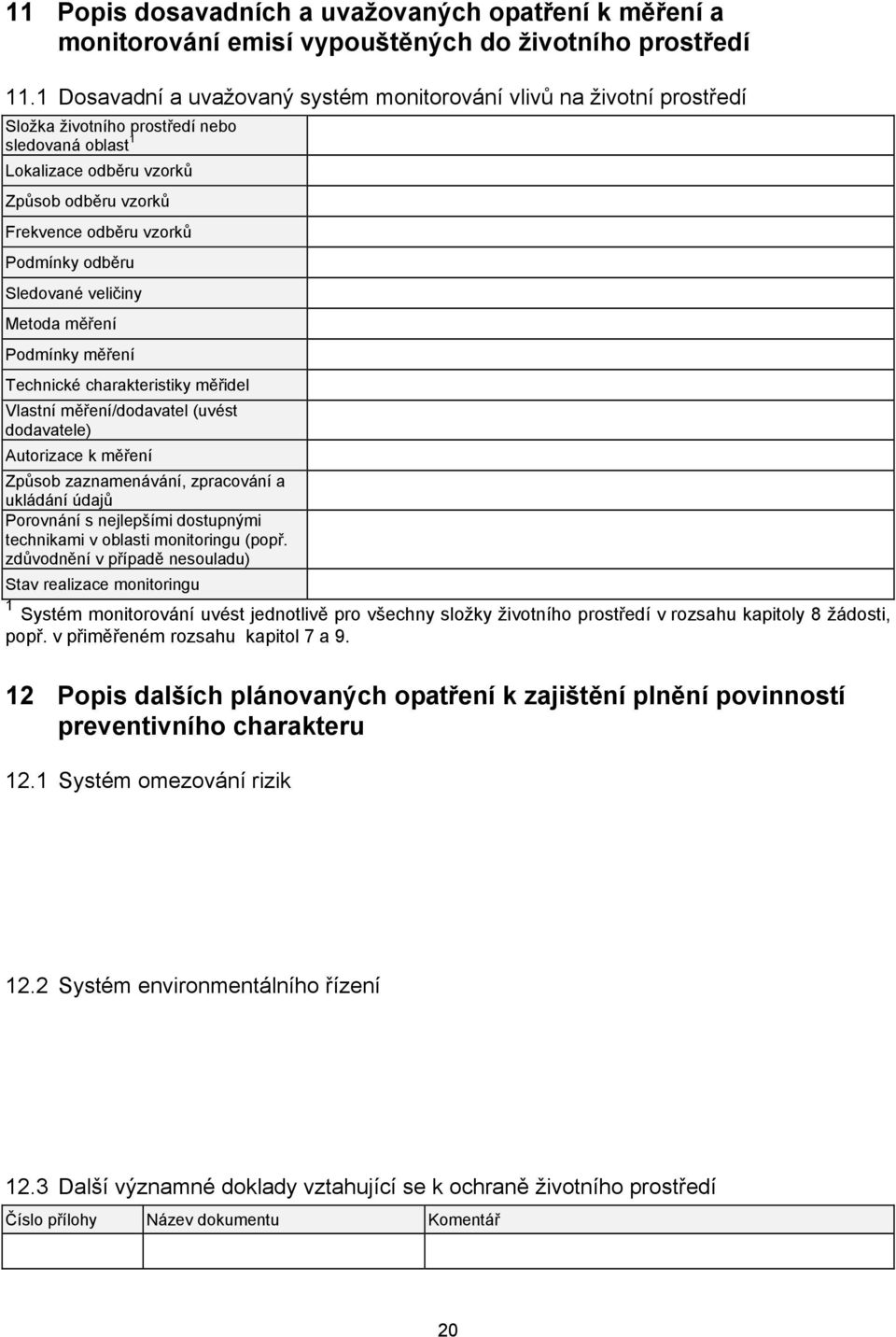 Podmínky odběru Sledované veličiny Metoda měření Podmínky měření Technické charakteristiky měřidel Vlastní měření/dodavatel (uvést dodavatele) Autorizace k měření Způsob zaznamenávání, zpracování a