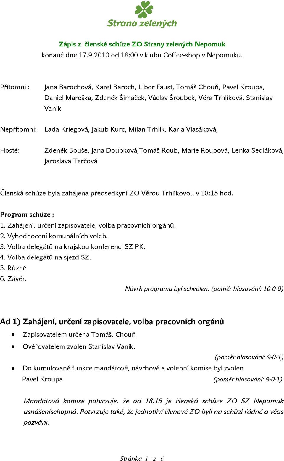 Milan Trhlík, Karla Vlasáková, Hosté: Zdeněk Bouše, Jana Doubková,Tomáš Roub, Marie Roubová, Lenka Sedláková, Jaroslava Terčová Členská schůze byla zahájena předsedkyní ZO Věrou Trhlíkovou v 18:15