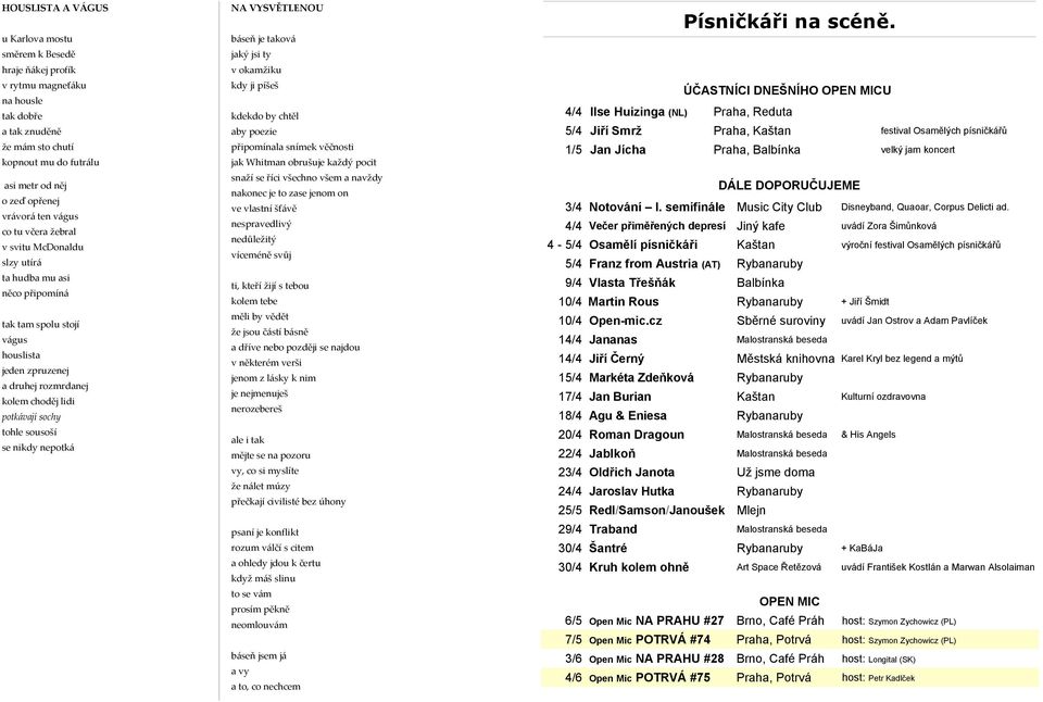 věčnosti jak Whitman obrušuje každý pocit Praha, Balbínka velký jarn koncert kopnout mu do futrálu 1/5 Jan Jícha asi metr od něj o zeď opřenej vrávorá ten vágus co tu včera žebral v svitu McDonaldu